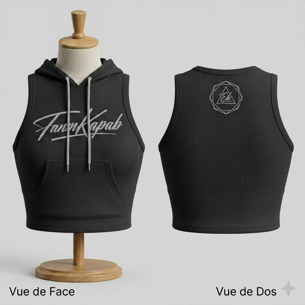 Hoodie croptop FANM KAPAB sans manches — Noir